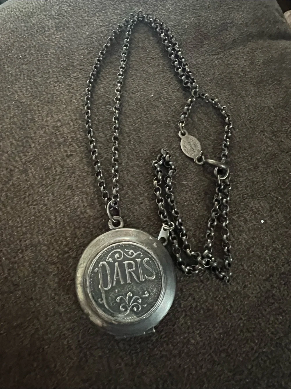 Catherine Popesco Dark Silver 'PARIS' Engraved Locket Necklace